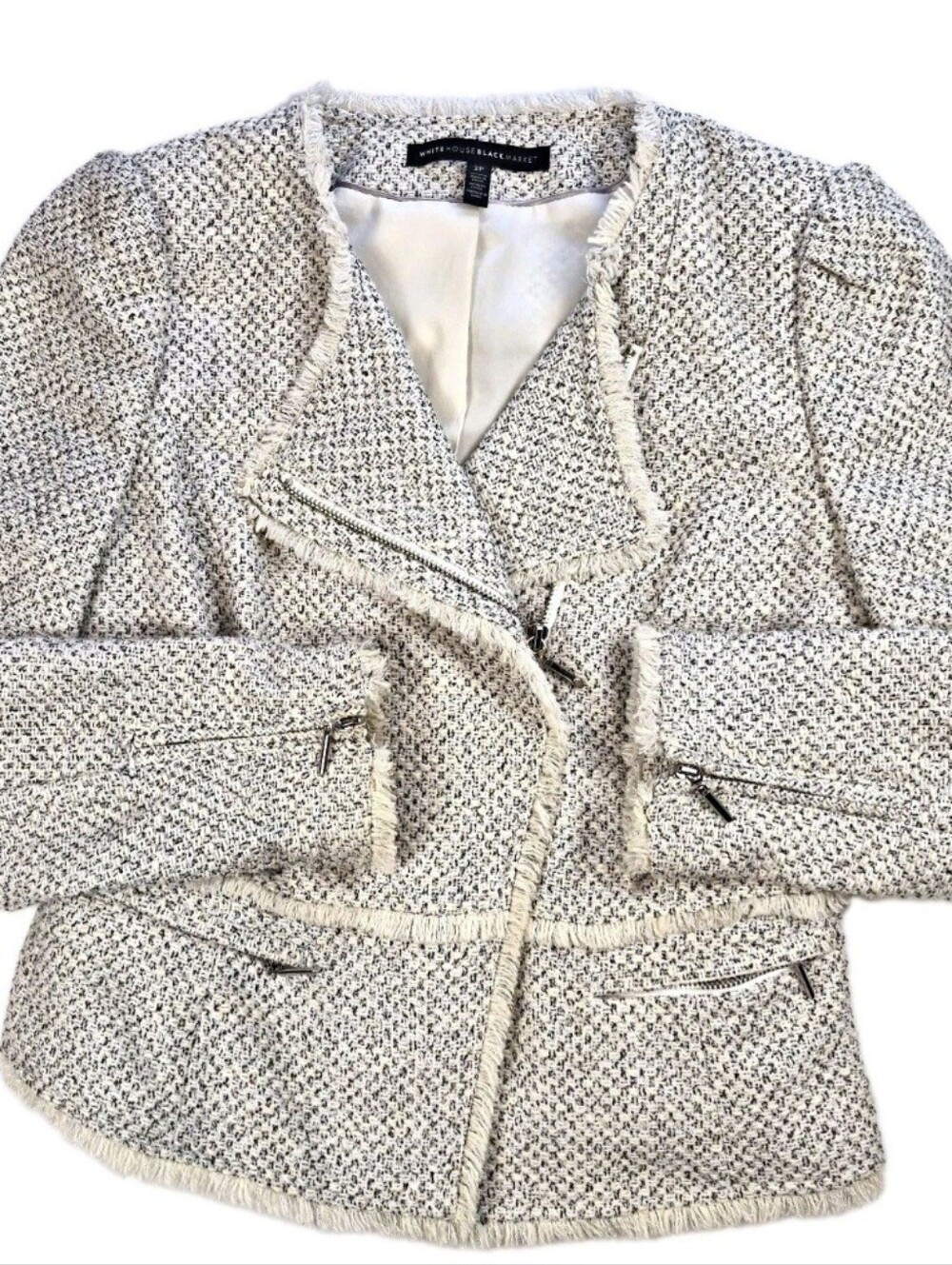 White House Black Market Womens Tweed Jacket Sz 2 Zip Front EUC Sku0753